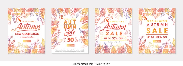 Bundle of autumn special offer banners with autumn leaves and floral elements in fall colors.Sale templates perfect for prints,flyers,banners, promotions.Business concept.Vector autumn promos.