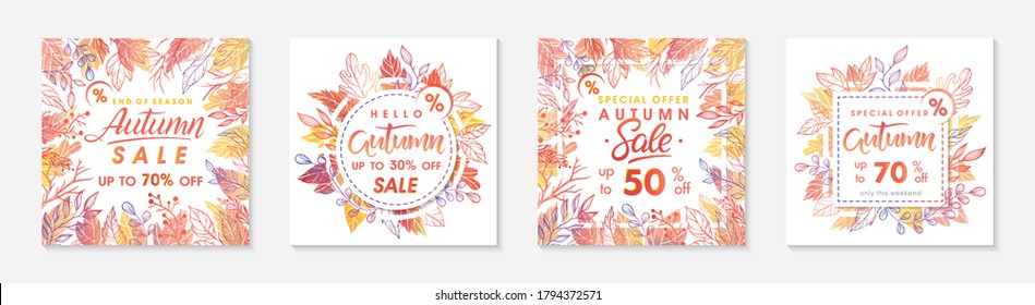 Bundle of autumn special offer banners with autumn leaves and floral elements in fall colors.Sale templates perfect for prints,flyers,banners, promotions.Business concept.Vector autumn promos.