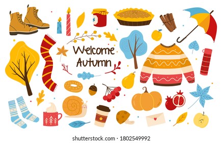 Bundle of autumn trendy elements. cute doodle sweater, tea, honey, fallen leaves and more hand drawn objects. Autumn vibes. Autumn season icons collection. Colorful Cartoon Flat Vector Illustration