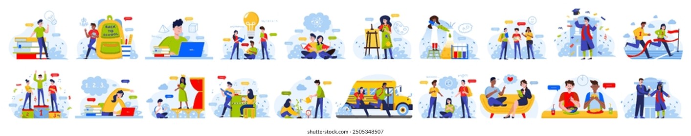 Bundle of back to school concepts with people scene in flat cartoon design. A large selection of colorful images with boys and girls in different school situation. Vector illustration.