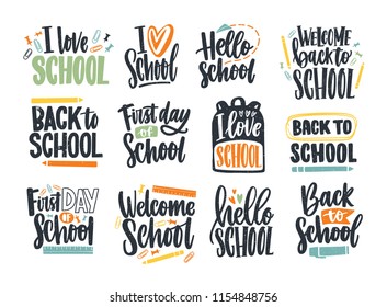 Bundle of Back to School inscriptions handwritten with cursive font and decorated with stationary or writing tools. Set of written phrases isolated on white background. Colorful vector illustration