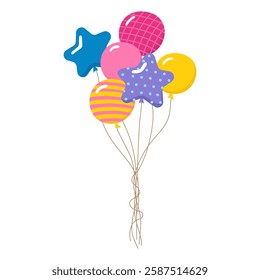 Bundle balloons illustration. Colorful decorative cartoon bunch patterned various balloons. Vector design flying balloon for Birthday celebration, festivities events, party decoration, greeting card