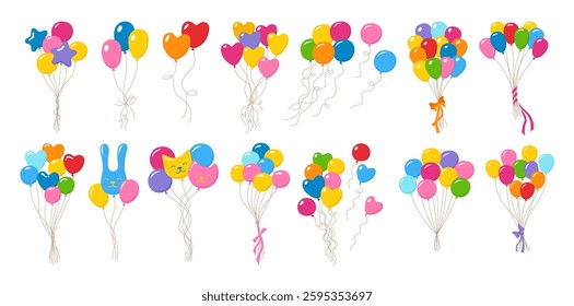 Bundle balloons set illustration. Colorful decorative cartoon bunches of balloons of various shapes. Birthday celebration, festivities events, party decorations, greeting cards children vector designs