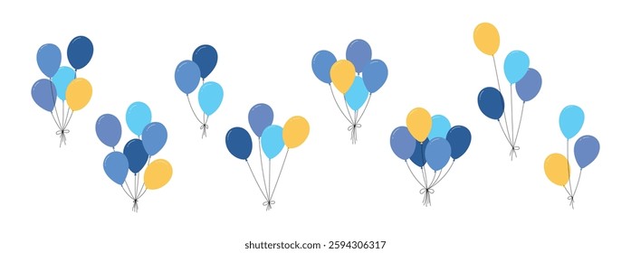 Bundle of balloons with strings, simple doodle outline, floating party decoration for birthday celebration. Flat vector illustration isolated on white background.