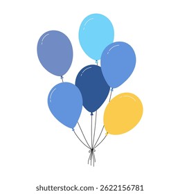 Bundle of balloons with strings, simple doodle outline, floating party decoration for birthday celebration. Flat vector illustration isolated on white background.