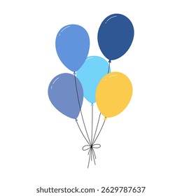 Bundle of balloons with strings, simple doodle outline, floating party decoration for birthday celebration. Flat vector illustration isolated on white background.