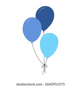 Bundle of balloons with strings, simple doodle outline, floating party decoration for birthday celebration. Flat vector illustration isolated on white background.