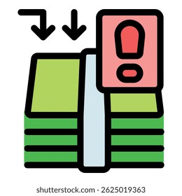 Bundle of banknotes with alert symbol and downward arrows representing financial risk, loss, and economic downturn