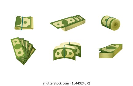 Bundle of Banknotes Rolled and in Stacks Vector Set