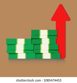 Bundle of banknotes - vector illustration. The arrow pointing upwards is a symbol of money, savings, investments.