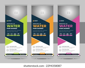 Ein Paket von Bannerdesignoptionen für Wasserparks, Poolwerbung und Wassererholung, modernes Grafikdesign, auffälliges Design, Flyer, abstrakter Hintergrund, Pull-Up-Design, modernes x-Banner, Präsentation