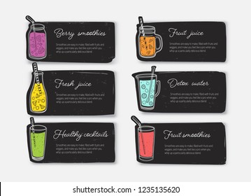 Bundle of banner templates or cards with smoothies, juices, detox water, cocktails in glasses, bottles, jars and jugs with straw. Set of healthy fresh tasty drinks. Colorful vector illustration.