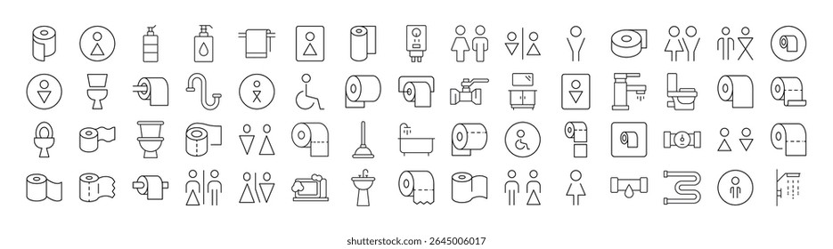 Pacote de Casa de Banho e WC Relacionado Line Ícones. Outline Signs para Gráficos e Web Design, Apps, Anúncios, Vários Cartões 
