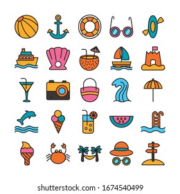 conglomerado de líneas de playa e iconos de relleno ilustración vectorial diseño