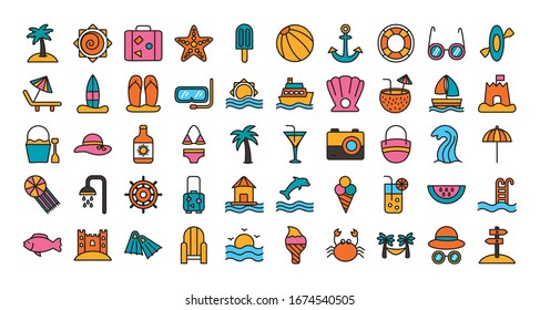 bundle of beach set line and fill icons vector illustration design