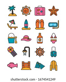 bundle of beach set line and fill icons vector illustration design