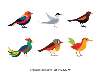 Pacote de pássaros bonitos, incluindo adolescente, andorinha, sabiá, turaco, mariquinha e weaverbird. Ilustrações de aves isoladas sobre fundo branco, perfeito para conteúdo de vida selvagem e de estoque da natureza.