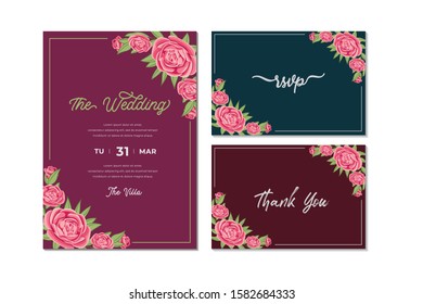 bundle of beautiful wedding invitation card with roses flower and leaves frame template