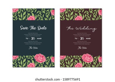 bundle of beautiful wedding invitation card with roses flower and leaves frame template