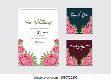 bundle of beautiful wedding invitation card with roses flower and leaves frame template
