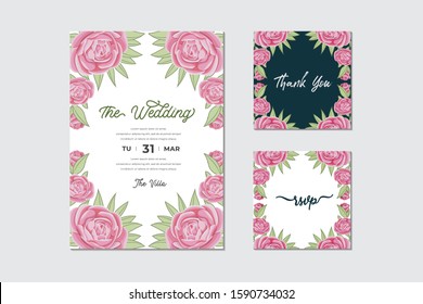 bundle of beautiful wedding invitation card with roses flower and leaves frame template