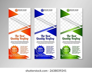 bundle of the best quality roofing Rollup Banner Template Design with space for photo. three different colors can be selected appropiate need. illustration in vertical layout