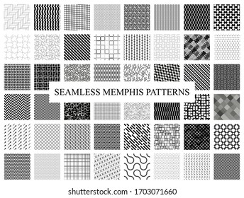 Bundle big collection of Memphis seamless patterns. Style 80-90s. Monochrome black and white textures.