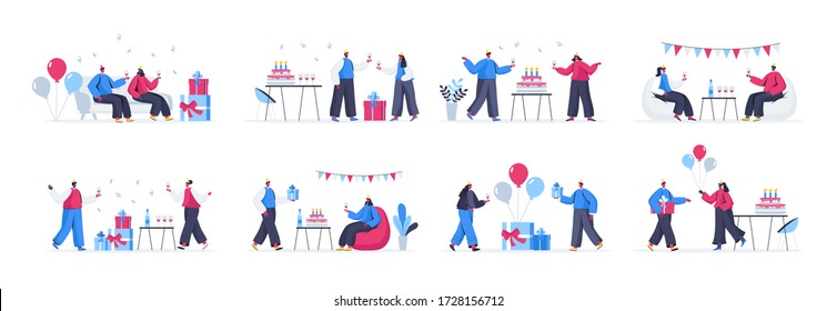 Bundle of birthday party scenes. Cheerful friends celebrating and congratulating, gift presenting and having fun flat vector illustration. Bundle of birthday event with people characters in situations