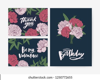 Bundle of Birthday and St. Valentines Day greeting card and Thank You note templates decorated with gorgeous blooming peonies. Colorful botanical vector illustration in elegant vintage style.