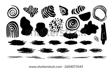 Bundle of black abstract organic shapes and blots isolate on white background. Moncohrome cutout elements collection for collages. Set of splashes and paint strokes for modern design.