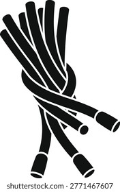 A bundle of black cables with white outlines tangled together in a messy pile, isolated on a pure white background, showcasing a chaotic arrangement of cords