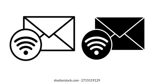 Un Paquete de íconos negros de correo electrónico WiFi que muestran sobres con señales inalámbricas, adecuados para mensajería en línea y plataformas digitales conectadas.
