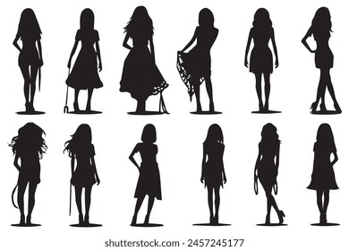 bundle of black silhouettes girls isolated on white background