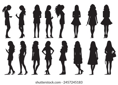 bundle of black silhouettes girls isolated on white background