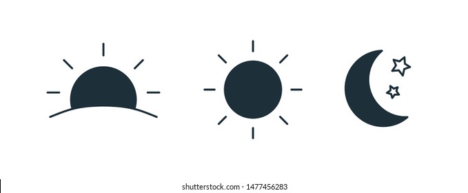 Bundle of black silhouettes of rising or setting sun, crescent moon and stars. Collection of day and night time pictograms. Set of design elements isolated on white background. Vector illustration.