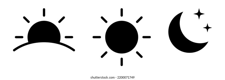 Bundle of black silhouettes of rising or setting sun, crescent moon and stars. Collection of day and night time pictograms. Set of design elements isolated on white background. Vector illustration.