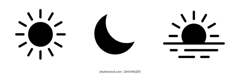 Bundle of black silhouettes of rising or setting sun, crescent moon icons. Collection of day and night time pictograms. Set of design elements. Vector illustration.