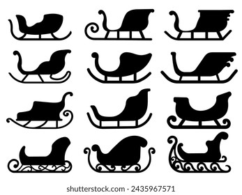 Bundle of black silhouettes of Santa Claus sleigh on white background