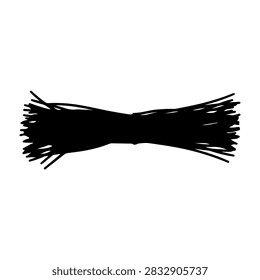 A bundle of black strings or threads arranged in a neat cluster on a plain white background, emphasizing texture and form.