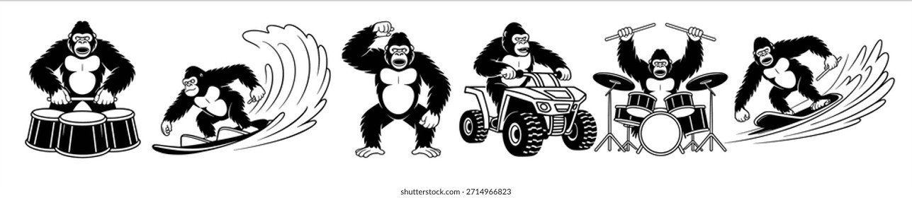 Gorilas de dibujos animados en blanco y negro de Paquete comprometidos en varios 