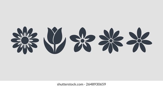 Bundle of Black and White Flower Silhouettes Ideal for Branding and Print, Simple Botanical Vector Elements for Nature Themes Invitations and Crafts