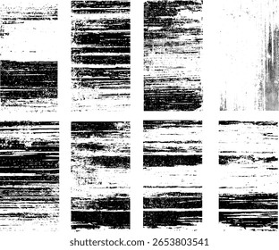 Un Paquete de textura grunge rayada de pintura en blanco y negro, conjunto de marco de textura de pared sucia, texturas de sello negro granulado con efecto grunge, conjunto de trazos de pintura negra abstracta textura de superposición grunge.