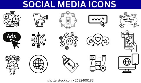 Um pacote de mídias sociais preto e branco e ícones de marketing ilustração vetorial. 