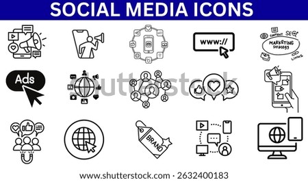 A bundle of black and white social media and marketing icons vector illustration. 