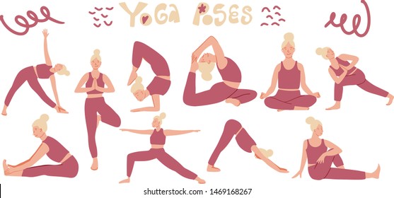 Bundle of blond female cartoon characters demonstrating various yoga positions isolated on white background hand drawn vector illustration in trending doodle style. Yoga postures and asanas