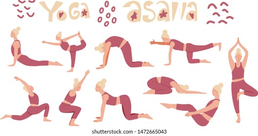Bundle of blond female cartoon characters demonstrating various yoga positions isolated on white background hand drawn vector illustration in trending doodle style. Yoga postures and asanas
