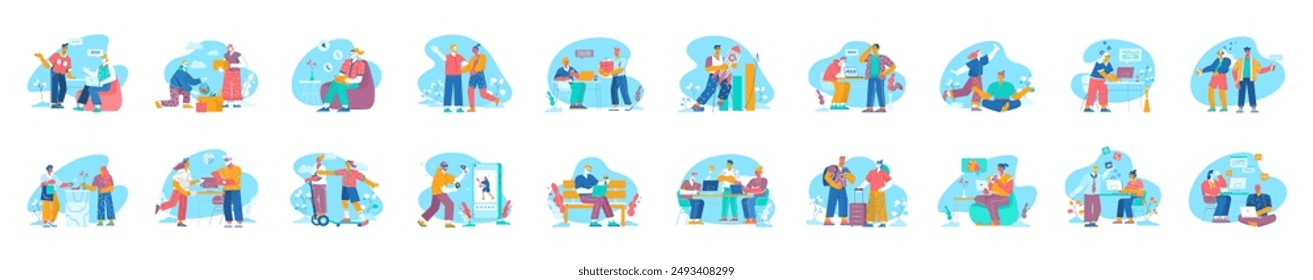 Bundle of blue bright concepts with people scene in flat cartoon design. Illustrations cover business, leisure, hobby, recreation, travel, internet and many other aspects. Vector illustration.