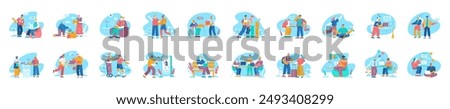 Bundle of blue bright concepts with people scene in flat cartoon design. Illustrations cover business, leisure, hobby, recreation, travel, internet and many other aspects. Vector illustration.