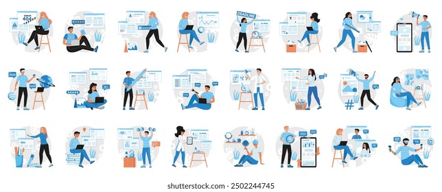 Paket von blauen Konzepten mit Menschen Szene in flachen Cartoon-Design. Eine riesige Kollektion lebendiger Illustrationen, die Männer und Frauen in verschiedenen Situationen darstellen. Vektorgrafik.