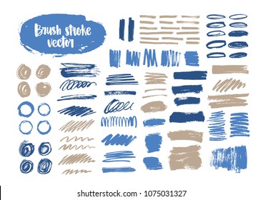 Bundle of blue and gray brush strokes, paint traces, smudges, smears, stains, scribble isolated on white background. Collection of hand drawn decorative design elements. Artistic vector illustration